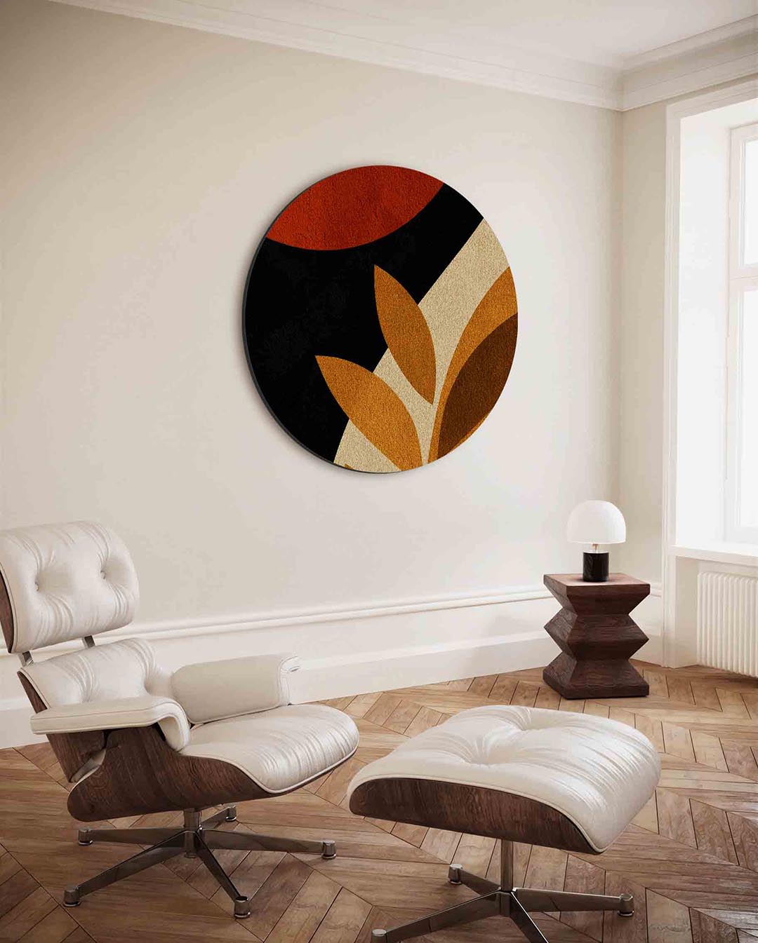 Bladeren en cirkel – ronde wanddecoratie met abstract ontwerp