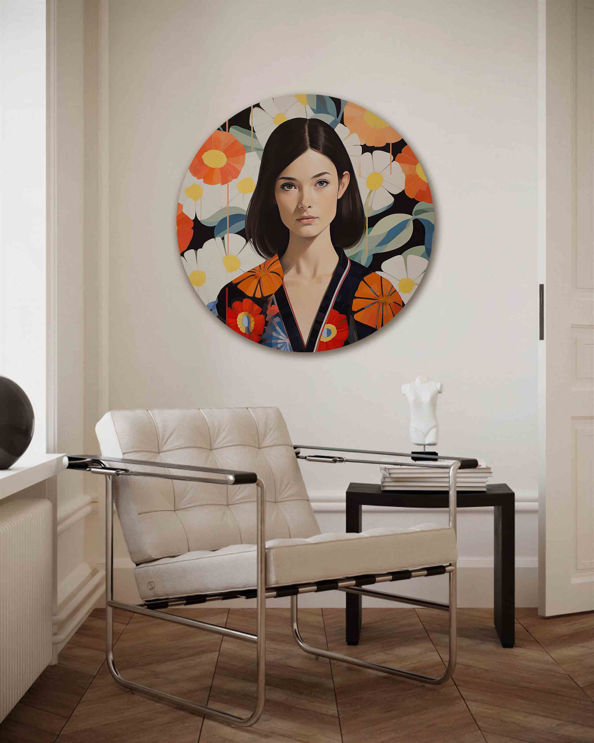 Vrouw met bloemen – kleurrijke muurcirkel als ronde wanddecoratie