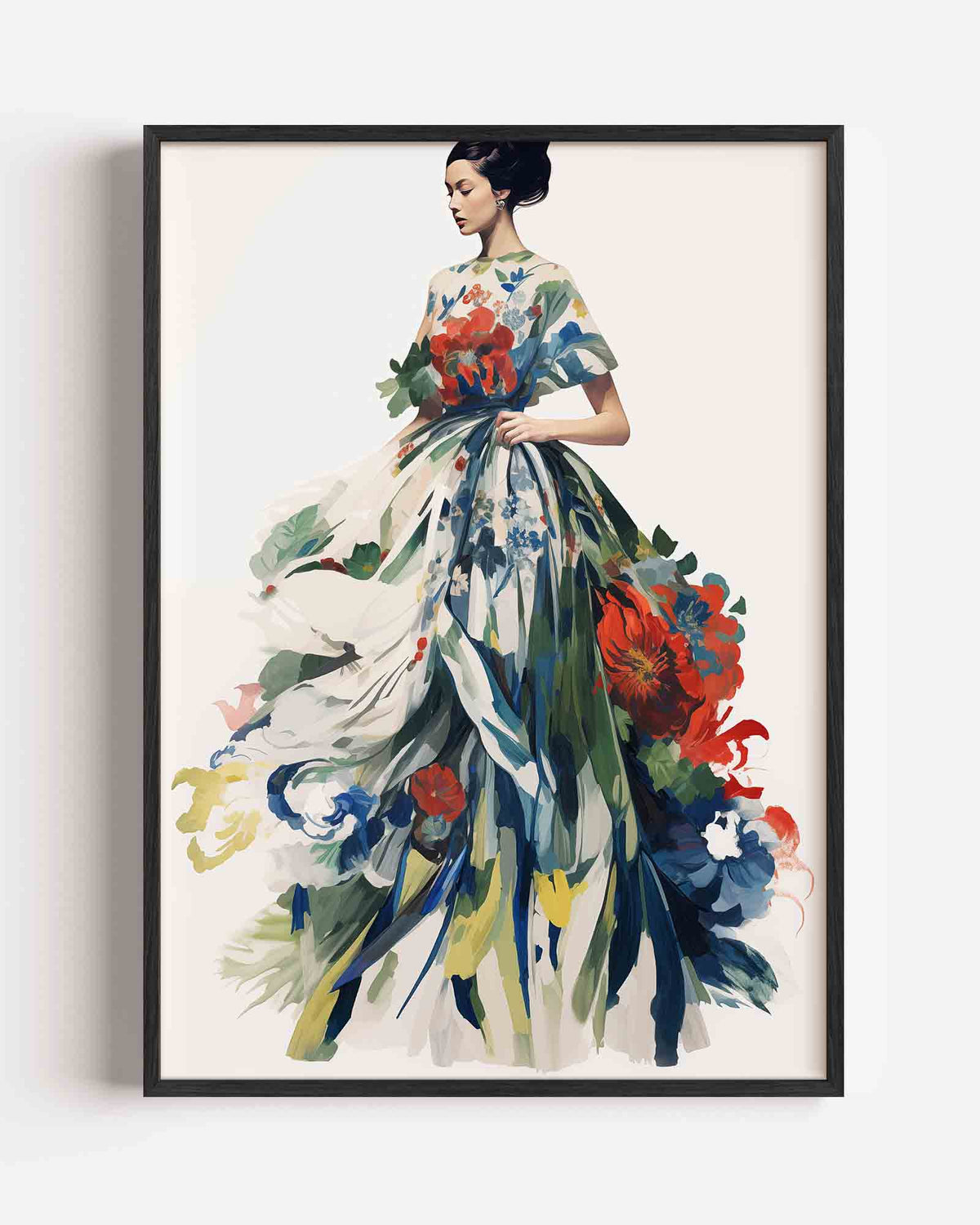 Vrouw in bloemenjurk – botanische portret poster als wanddecoratie