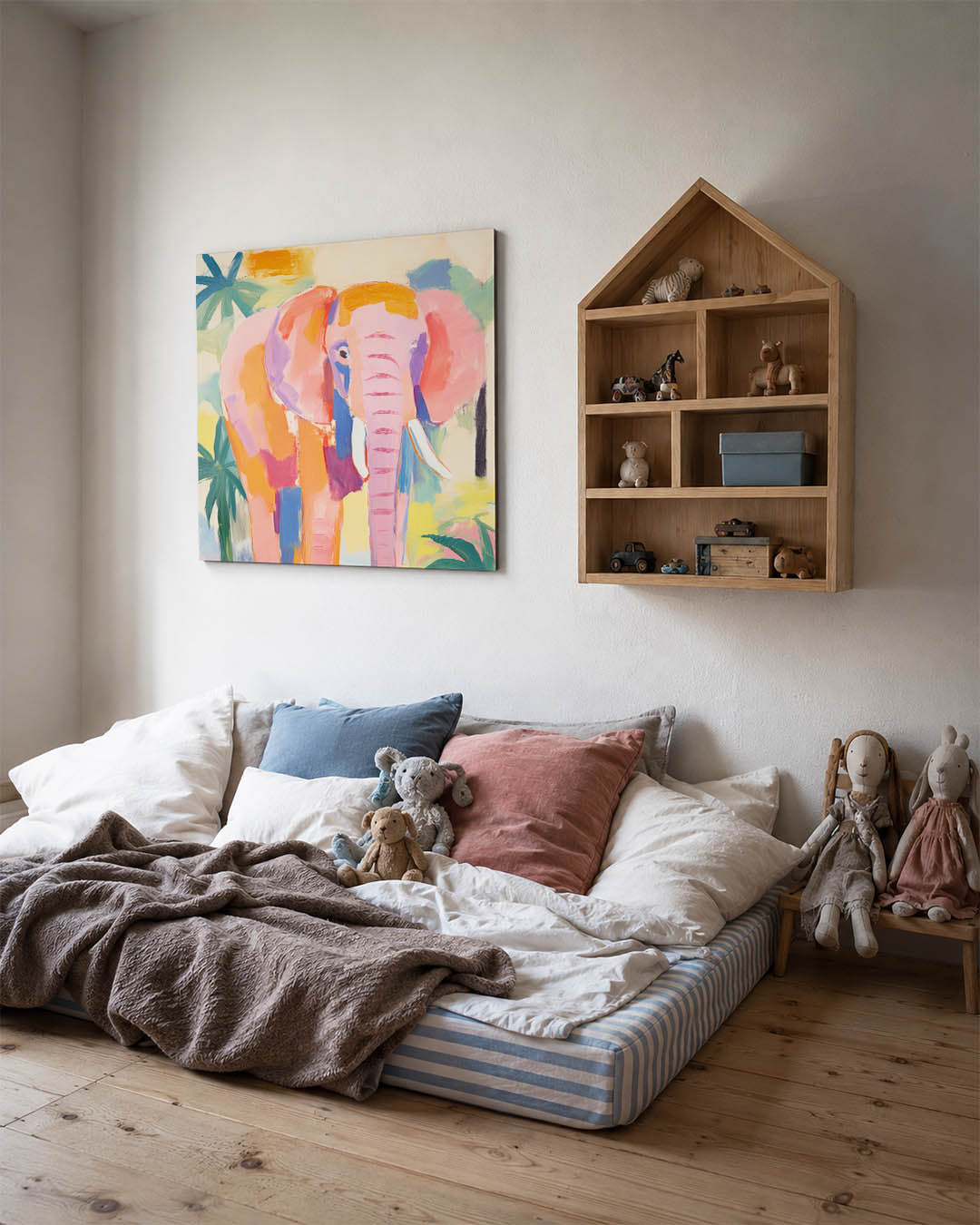 Kleurrijke olifant kunstwerk – derde productweergave – dit werk toont een olifant in levendige kleuren met speelse