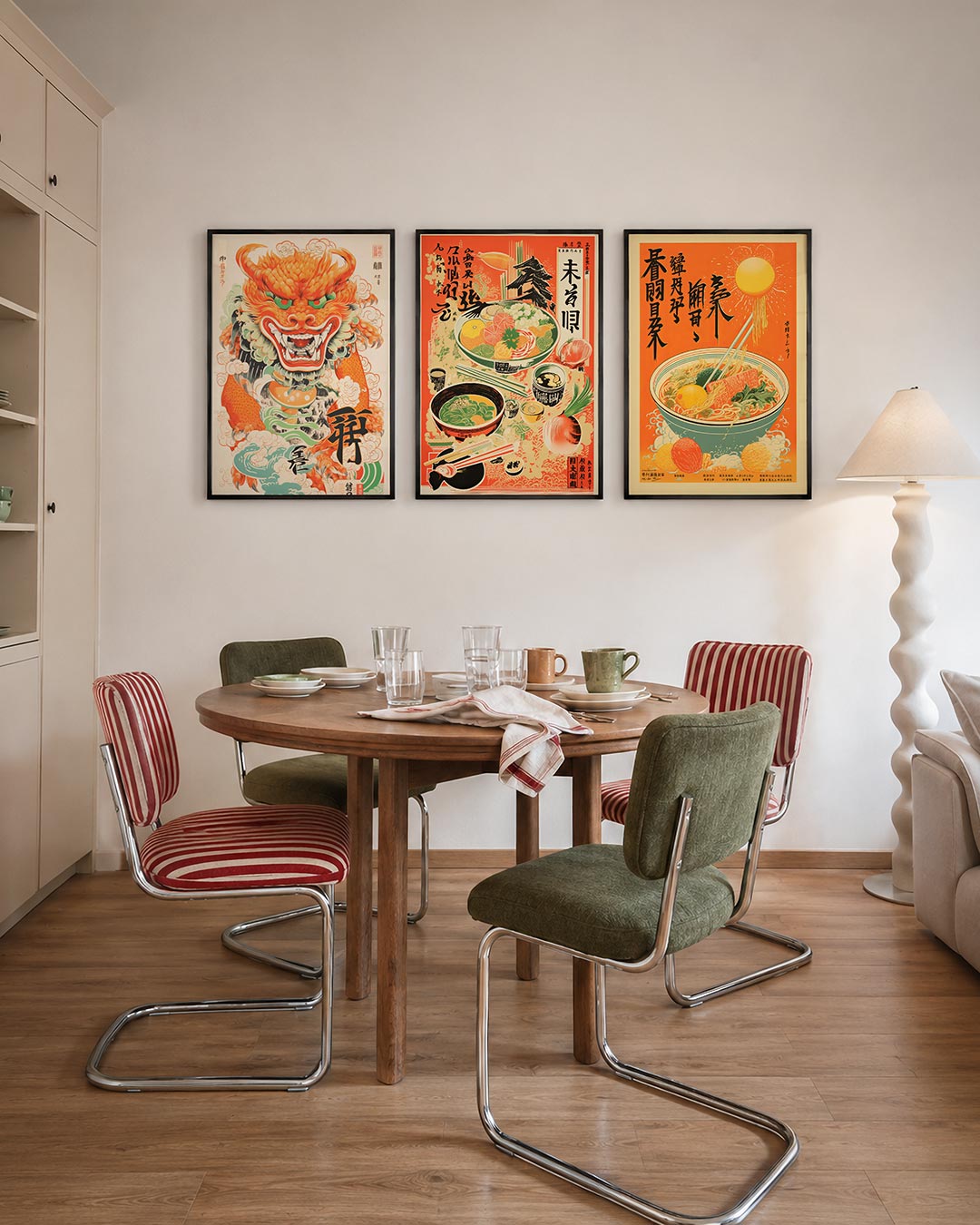 Draak en wolken driedelige posterset – een vurige draak met oranje schubben en groene ogen,