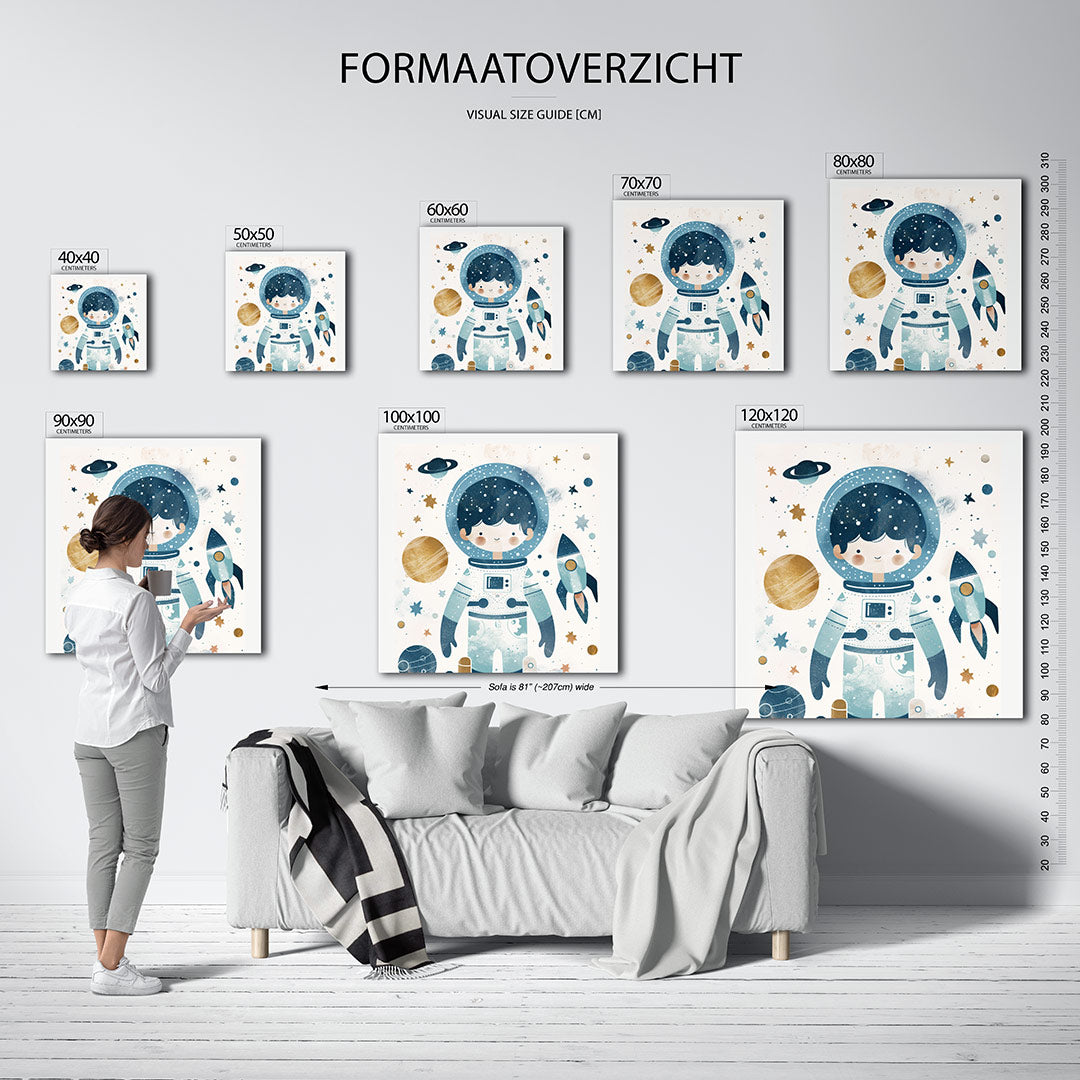 Speelse ruimte illustratie kunstwerk – sfeerbeeld – dit werk toont een vrolijke figuur omringd door hemellichamen. De zachte