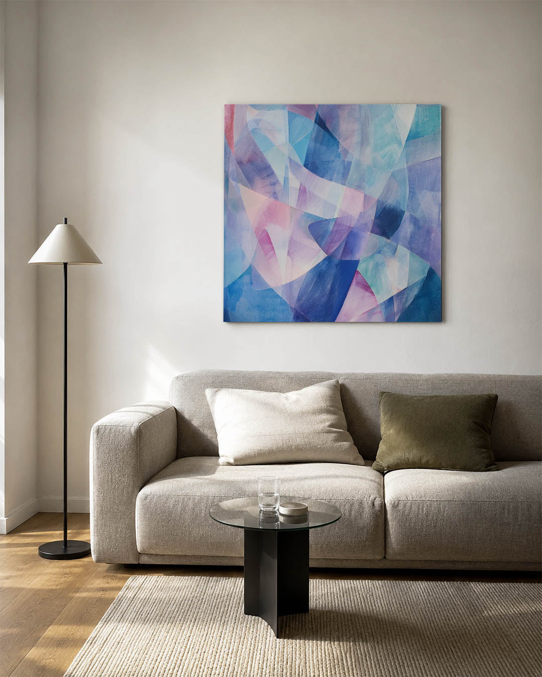 Kleurrijke vormen kunstwerk – vierkante wanddecoratie – dit werk toont een dynamisch spel van vloeiende lijnen en