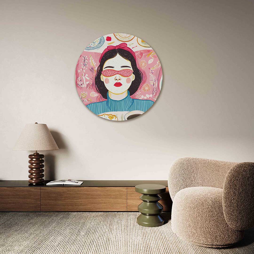 Vrouw met roze bril – abstracte muurcirkel als ronde wanddecoratie