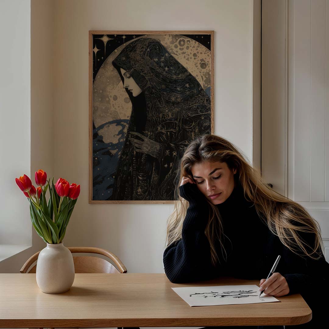 Mystieke vrouw met sterren en maan – staande vrouwelijke wanddecoratie van WallArtistic