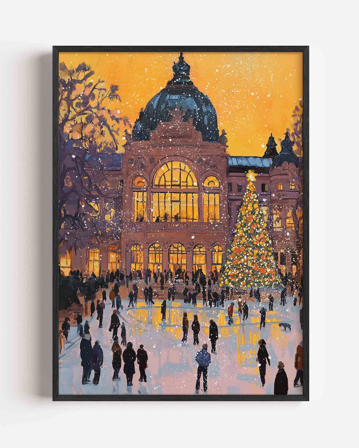 Winteravond bij verlichte hal – kerst portret poster als wanddecoratie