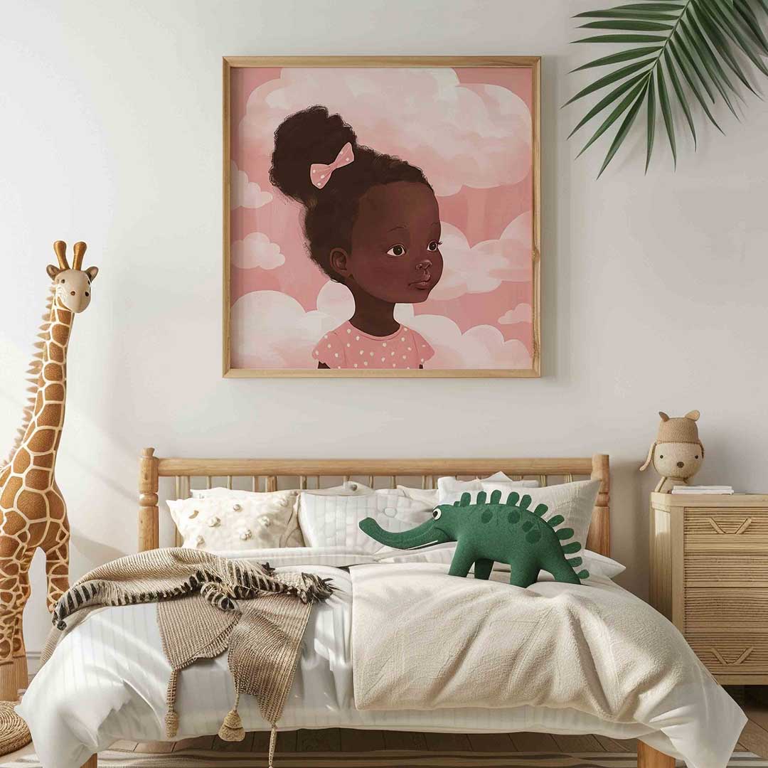 Meisje met wolken – vierkante kinderkamer wanddecoratie van WallArtistic