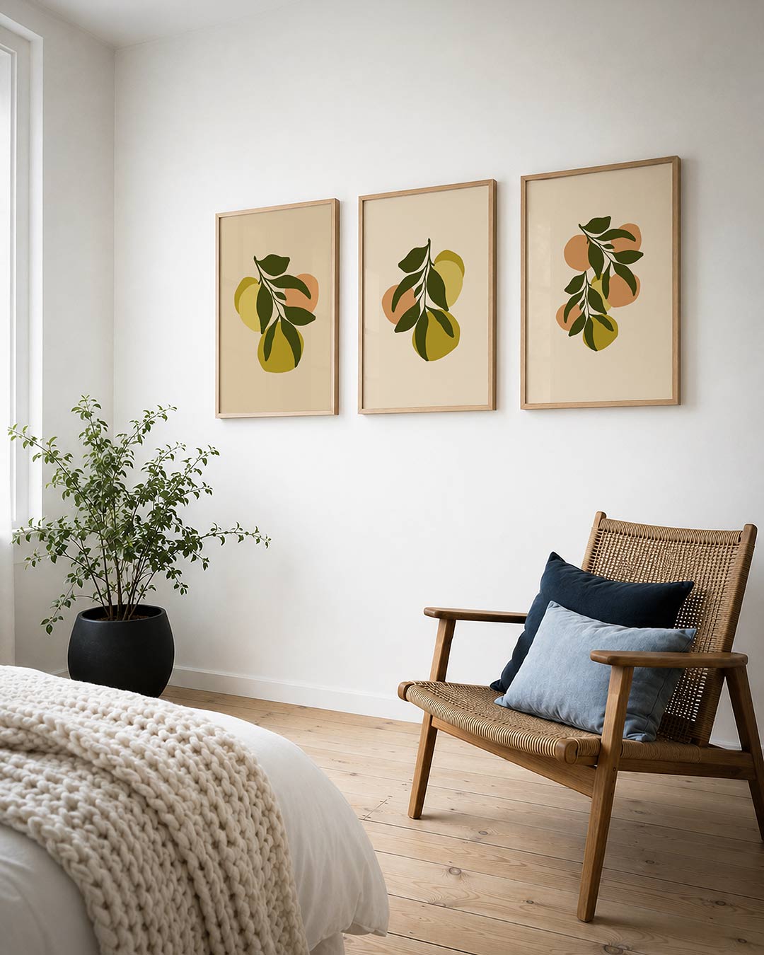 Vrucht en blad posterset – derde productweergave – een speelse compositie van groene bladeren en kleurrijke
