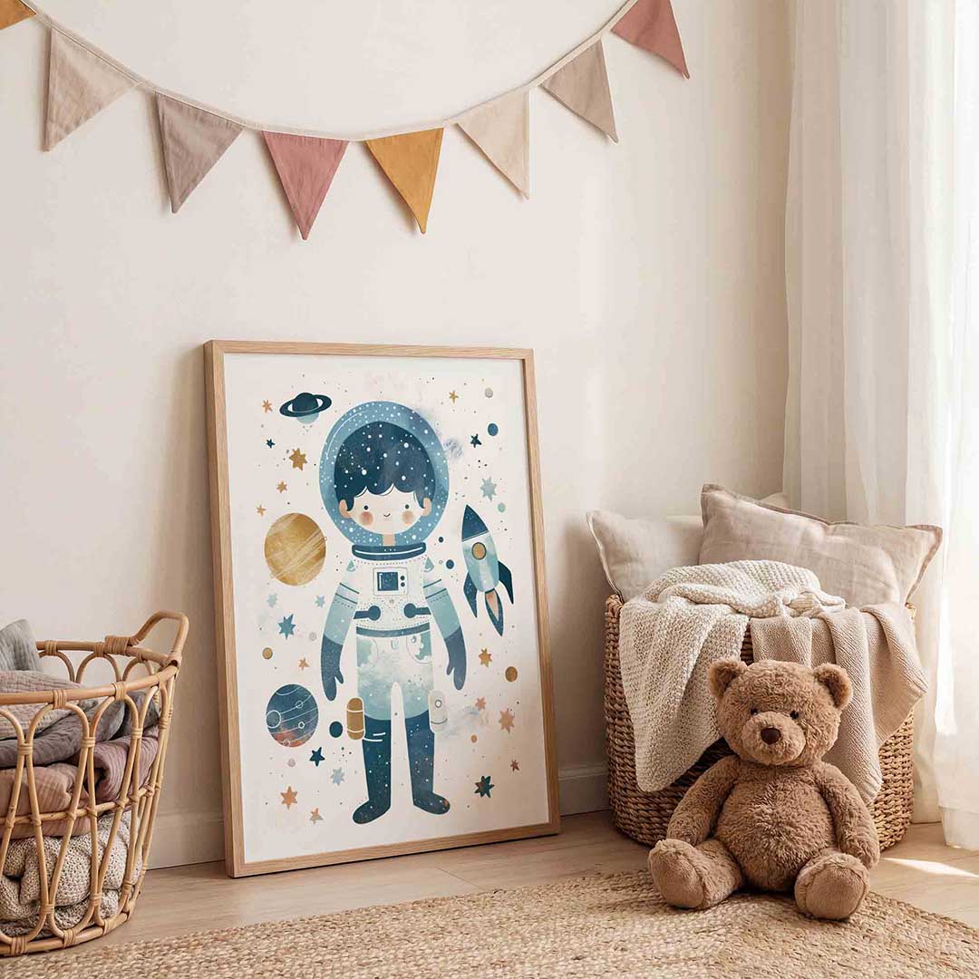 Astronaut en raket – speelse wandkunst als portret kinderposter
