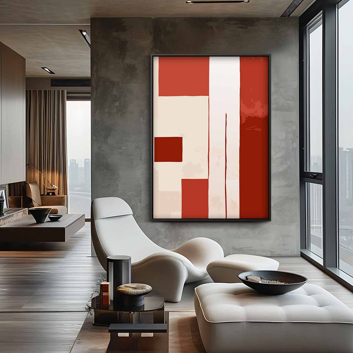 Abstracte Rood-Beige Compositie – canvas wanddecoratie in portret formaat