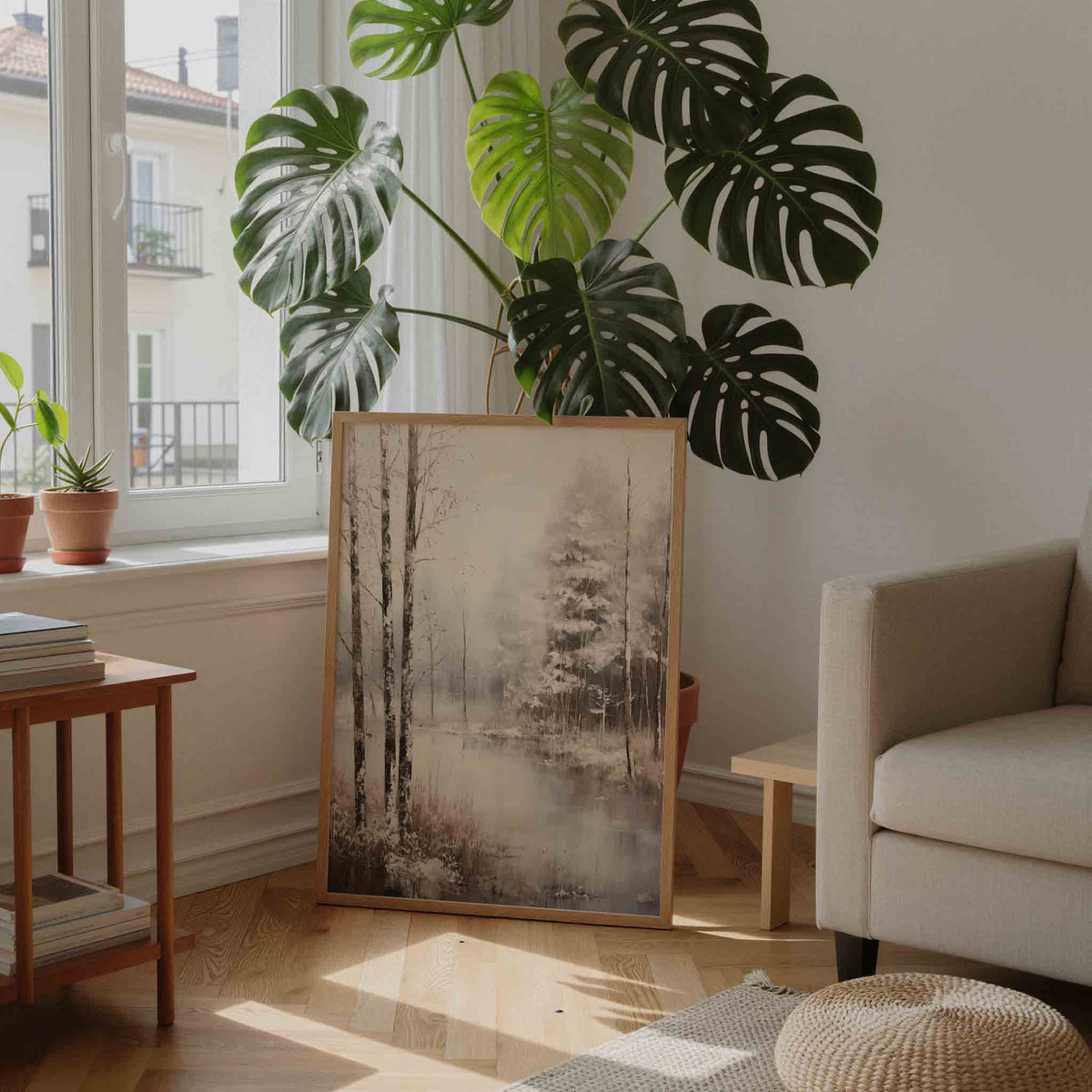 Winterlandschap met bomen – staande botanische wanddecoratie van WallArtistic