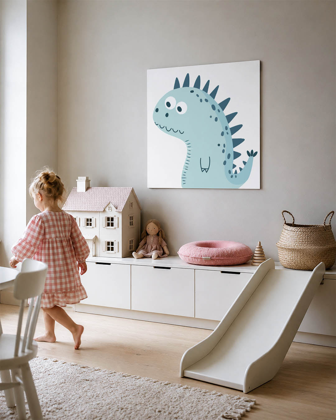 Speelse dino illustratie kunstwerk – tweede productweergave – dit kunstwerk toont een speelse dinosaurus met grote ogen en