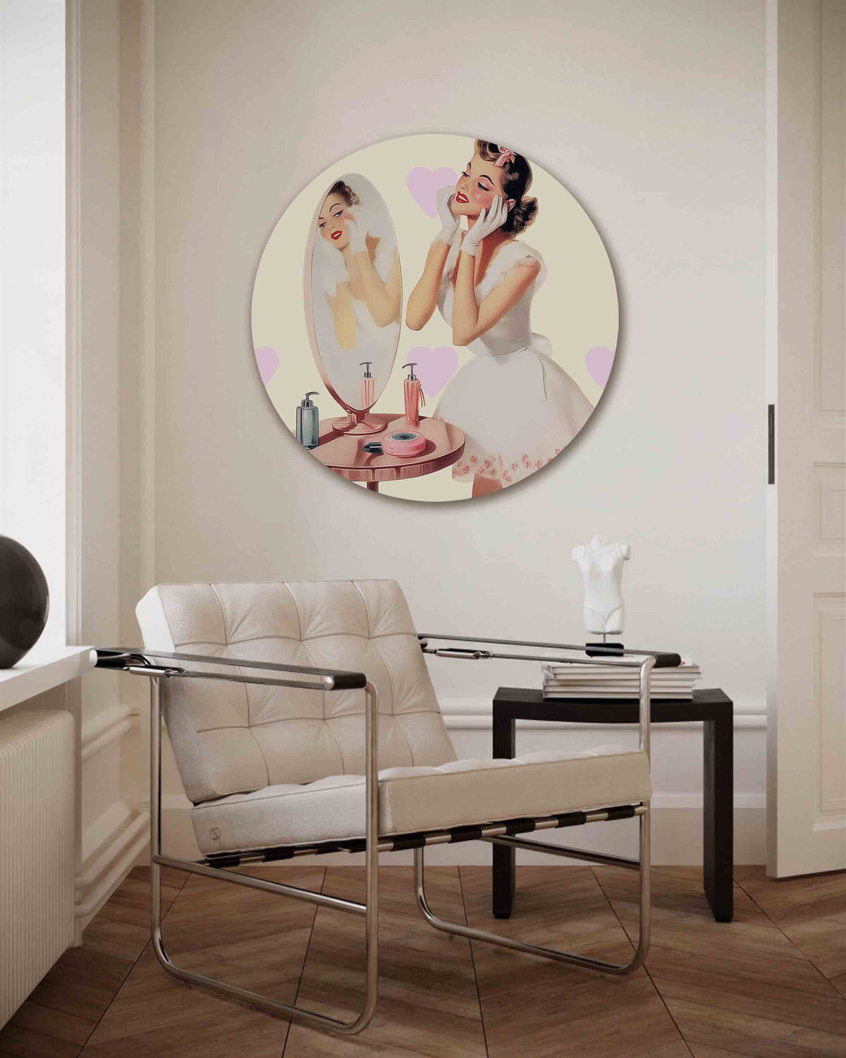 Vrouw met spiegel – Pop Art muurcirkel als ronde wanddecoratie