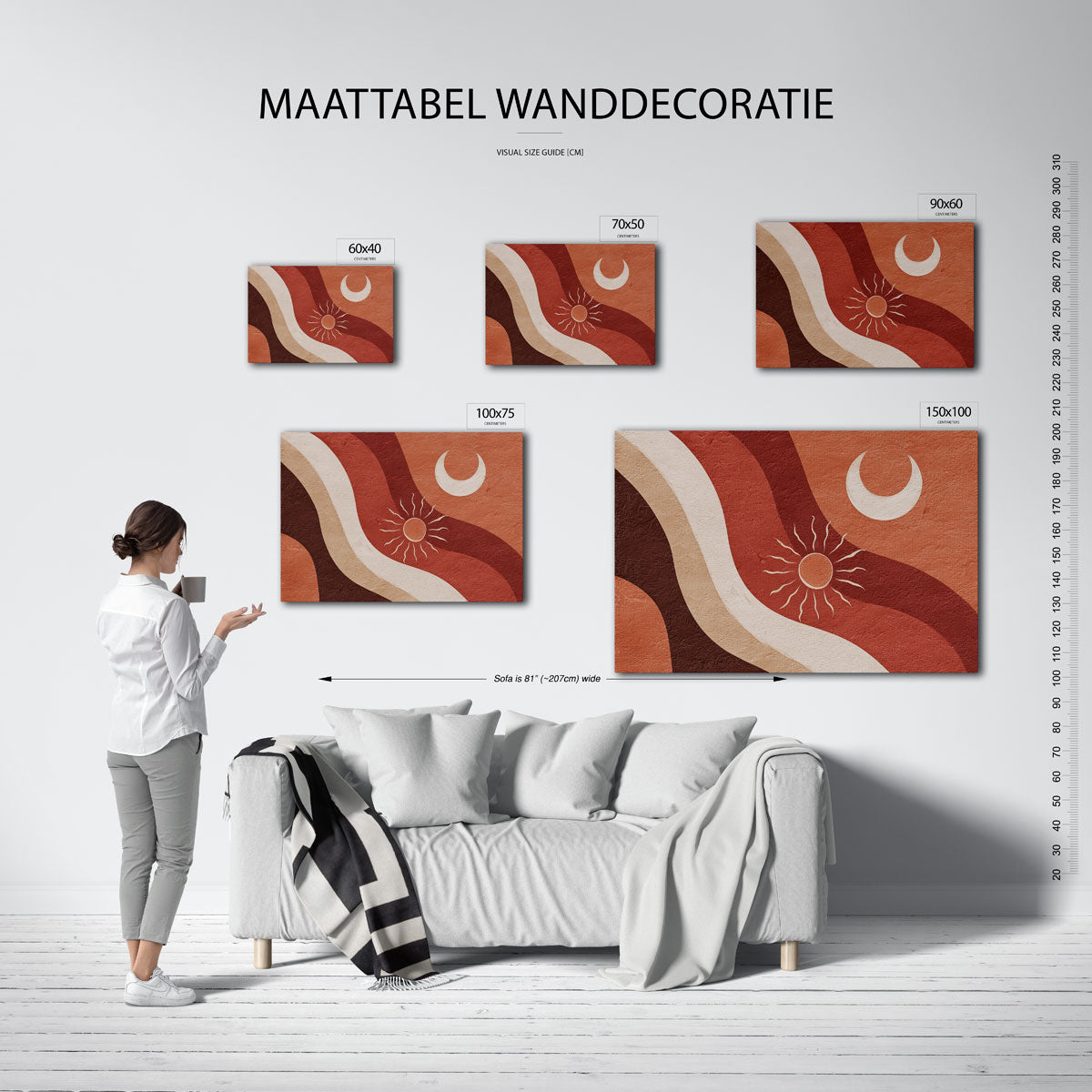 Golvende zon en maan – moderne liggende wandkunst
