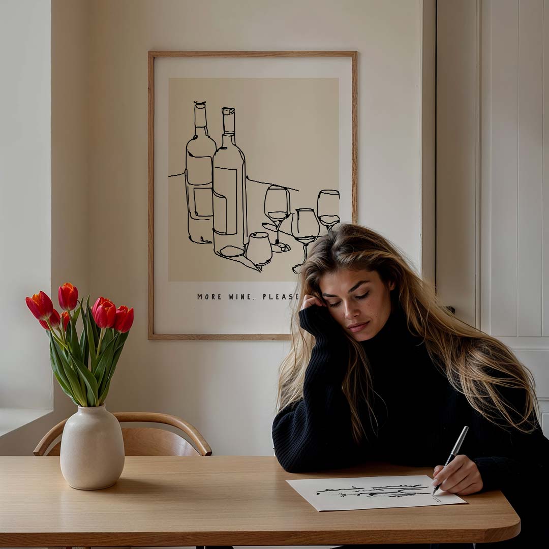 More Wine Please – culinaire wandkunst als portret poster