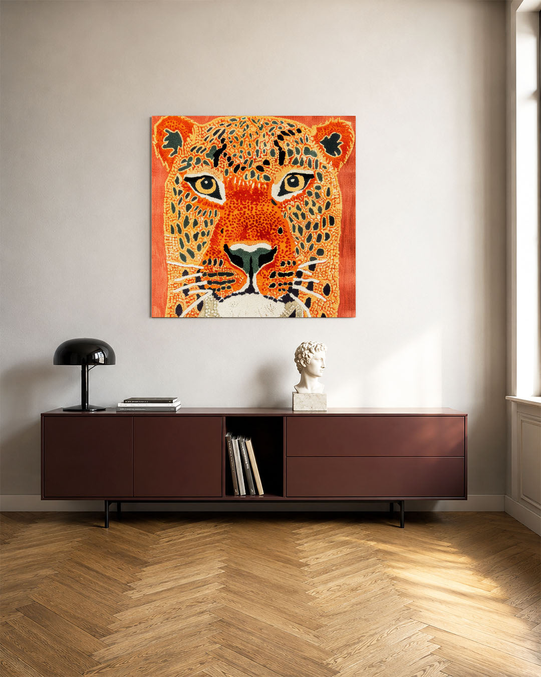 Levendige dierenkop kunstwerk – tweede productweergave – dit werk toont een gedetailleerde dierenkop met levendige patronen