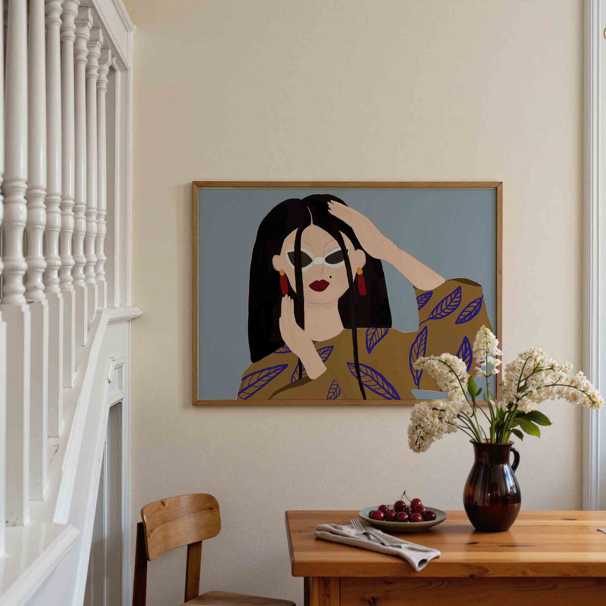 Vrouw met zonnebril – liggende illustratie poster als wanddecoratie