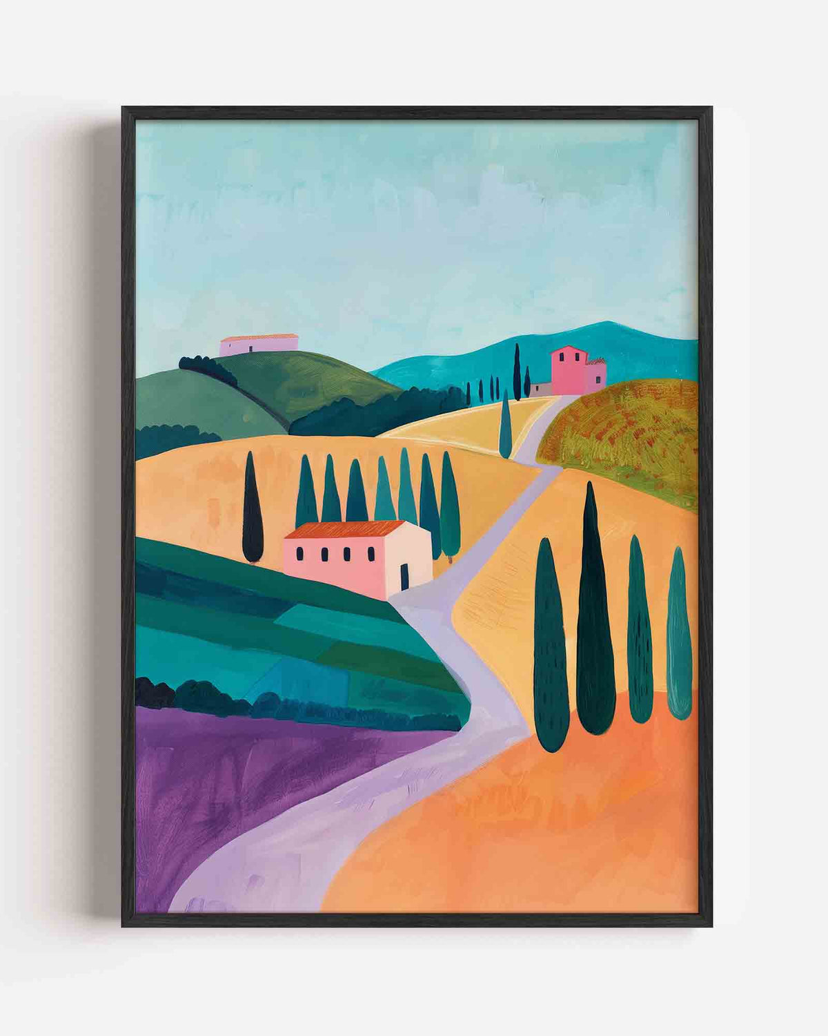 Landschap met heuvels en huizen – hedendaagse illustratie portret poster als wanddecoratie