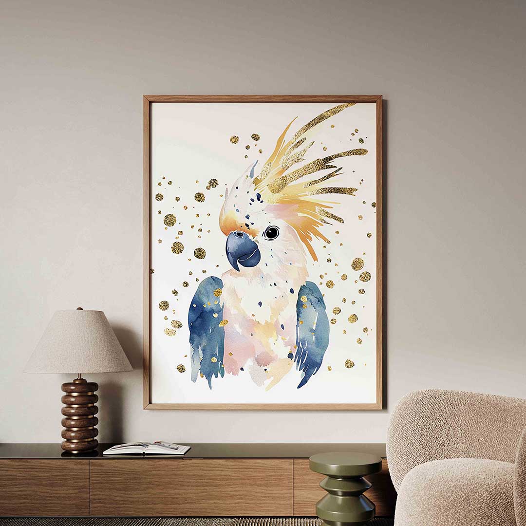 Papegaai met gouden accenten – dieren poster in staand formaat