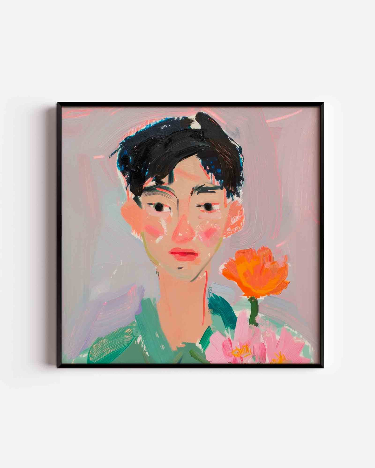 Portret met bloemen – kleurrijke illustratie poster als wanddecoratie