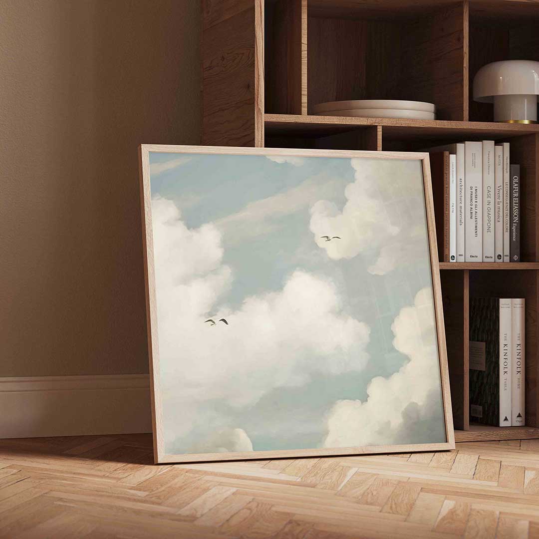 Wolken en vogels – vintage wandkunst als vierkante poster