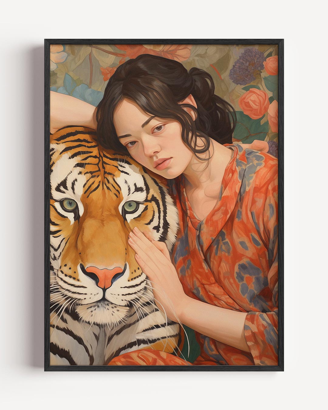 Vrouw met tijger tussen bloemen – vrouwelijk portret poster als wanddecoratie