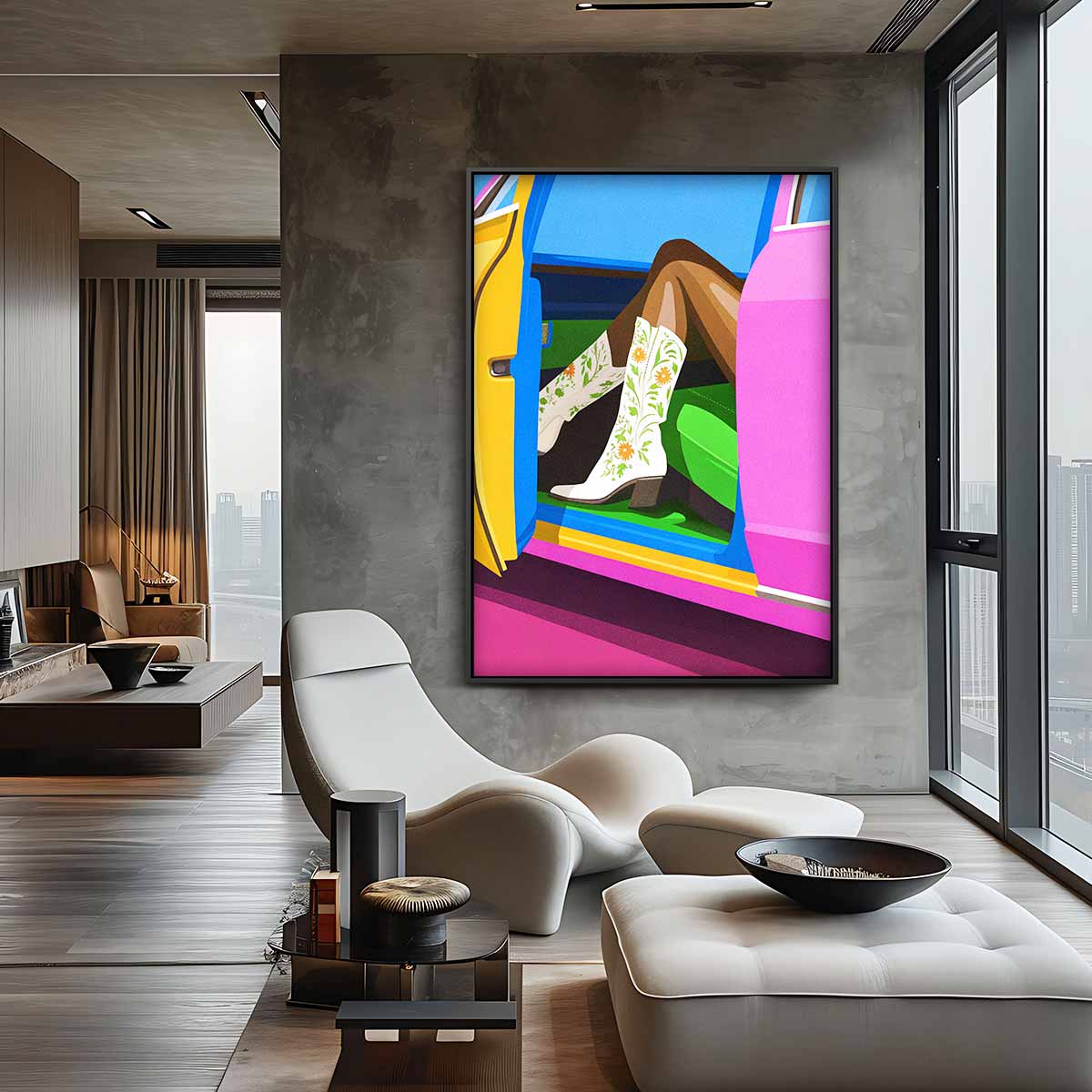 Vrolijke Coole Auto Scene – staand kunstwerk voor modern interieur