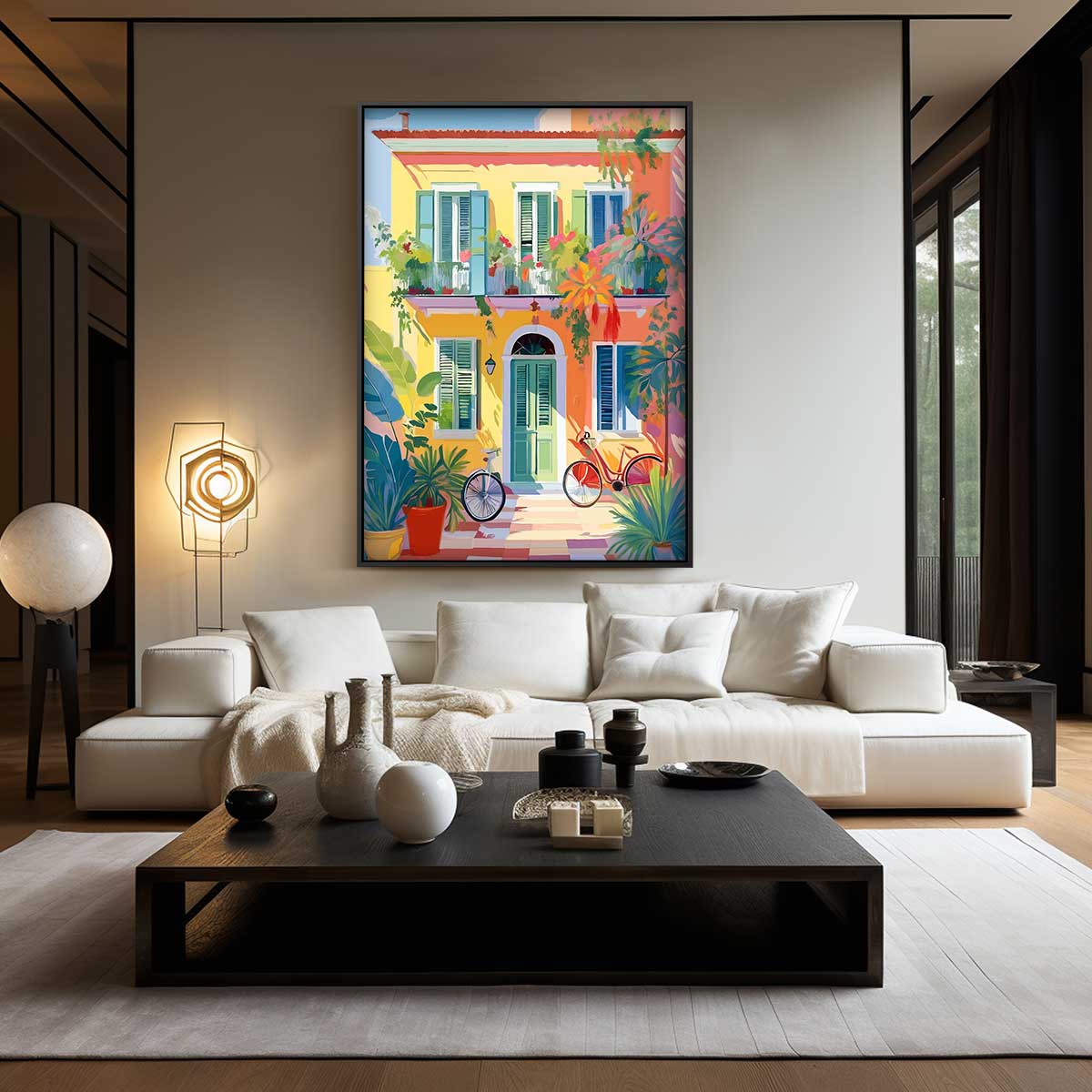 Zonnige Mediterrane Gevel – kunstwerk met zwarte baklijst