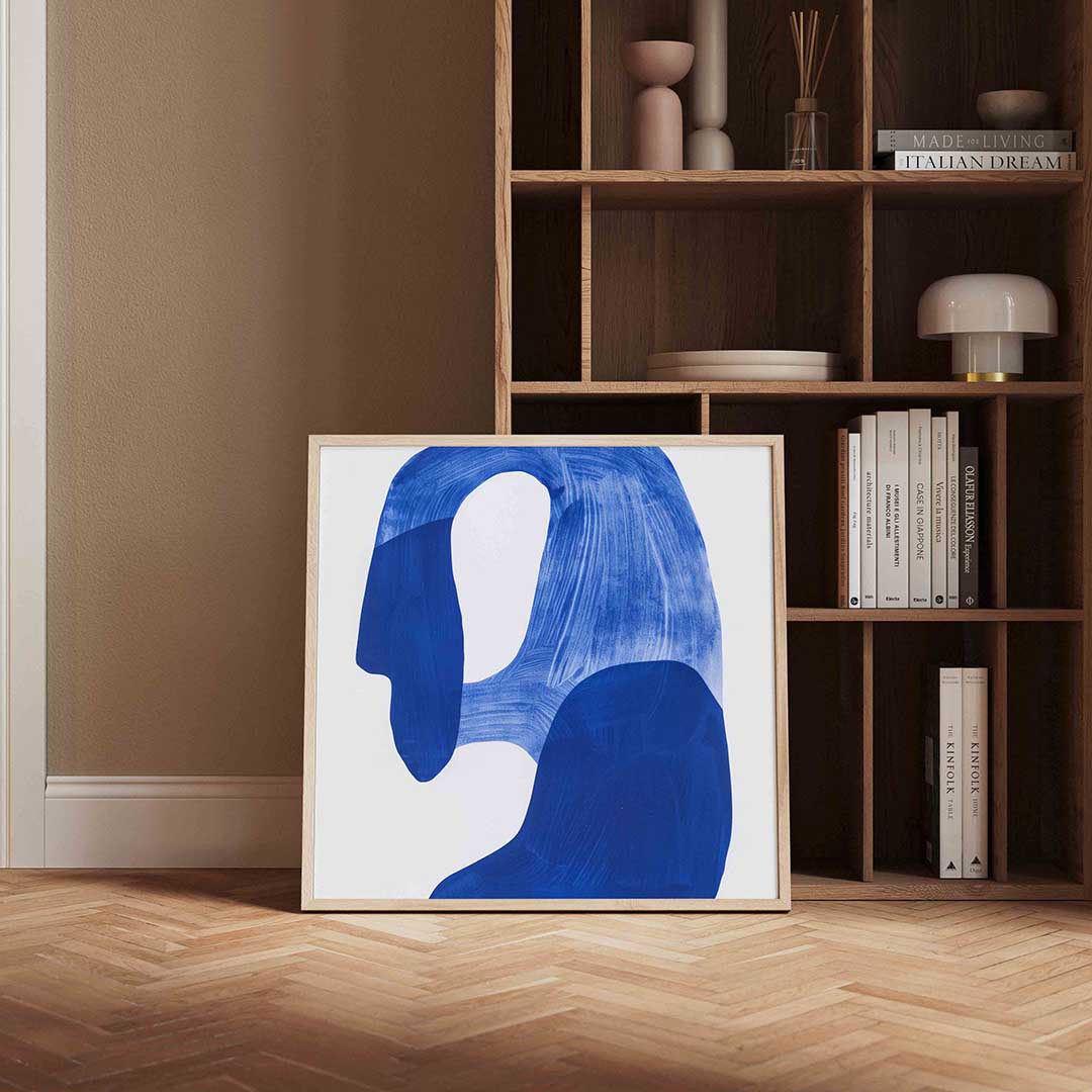 Abstracte blauwe vormen – vierkante design wanddecoratie van WallArtistic