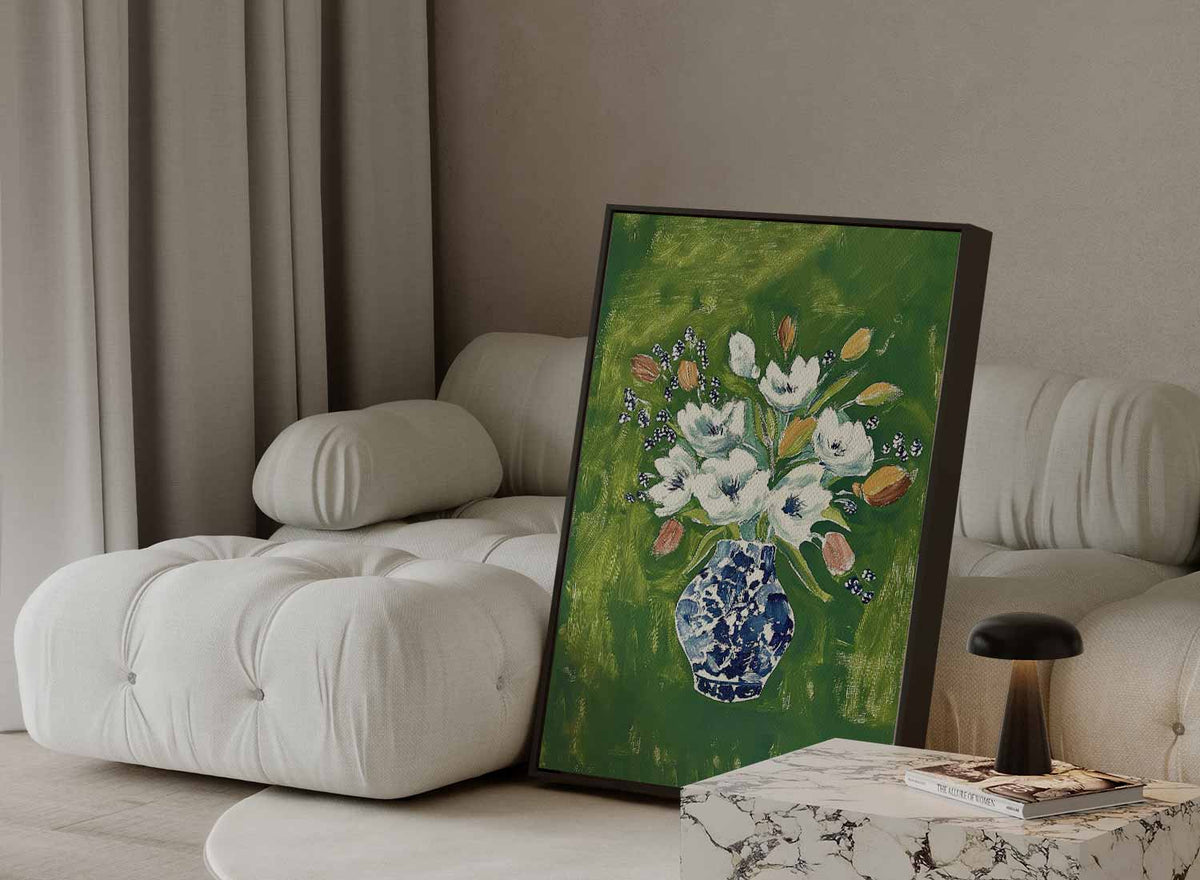 Bloemenpracht in Blauwe Vaas – modern portret kunstwerk van WallArtistic
