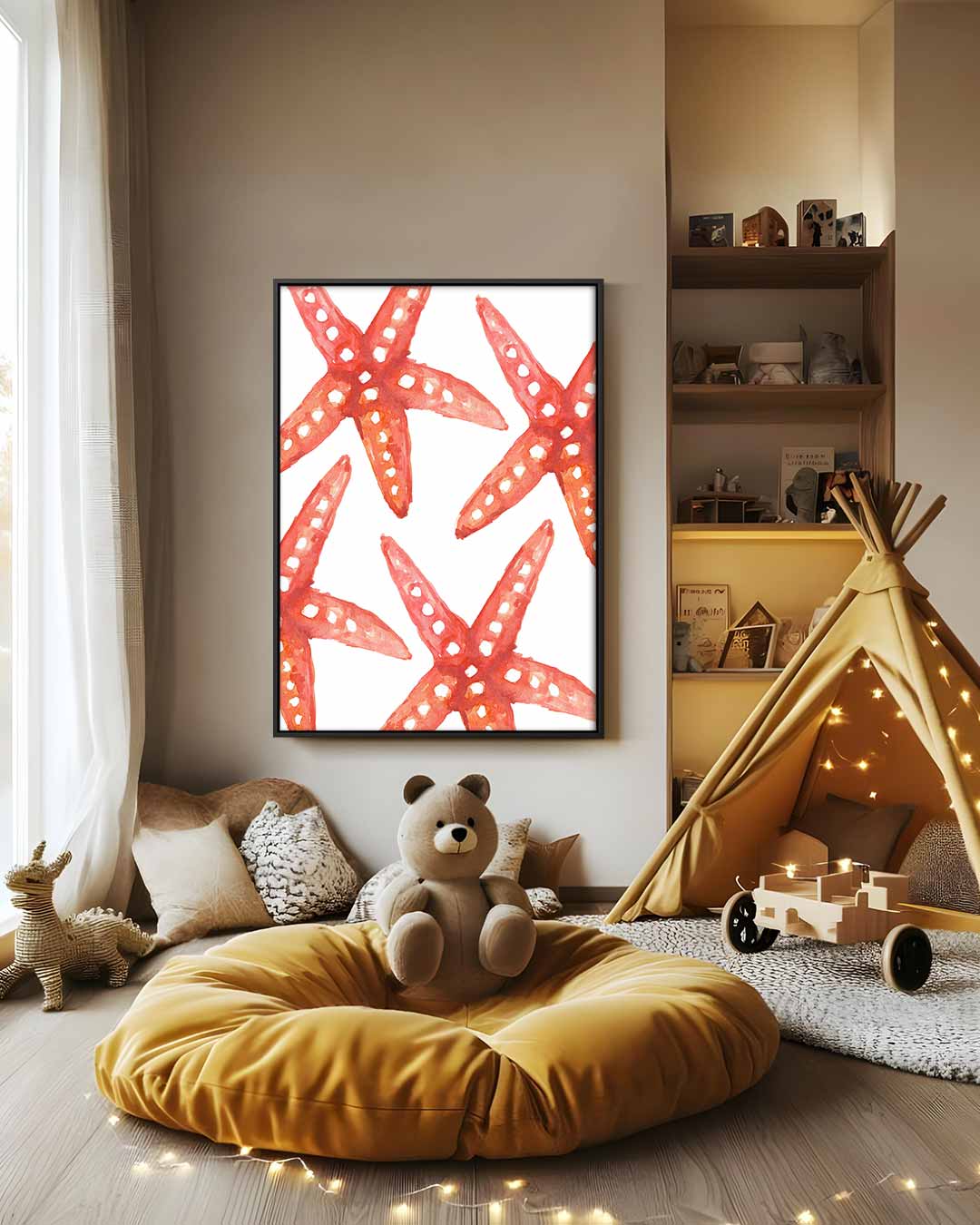 Rode zeesterren patroon – canvas wanddecoratie in portret formaat