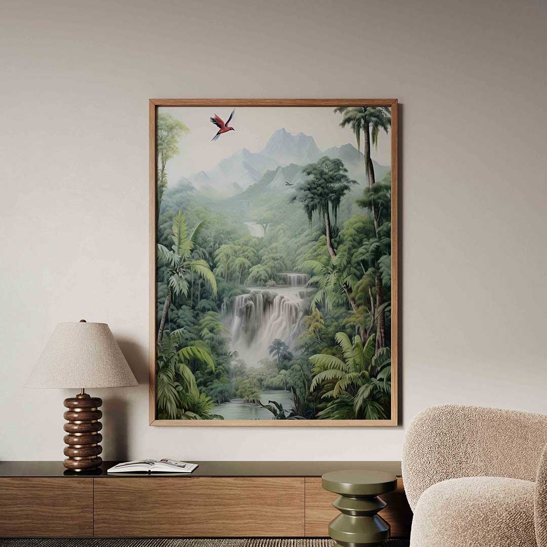 Vogel en waterval – tropische jungle poster in staand formaat