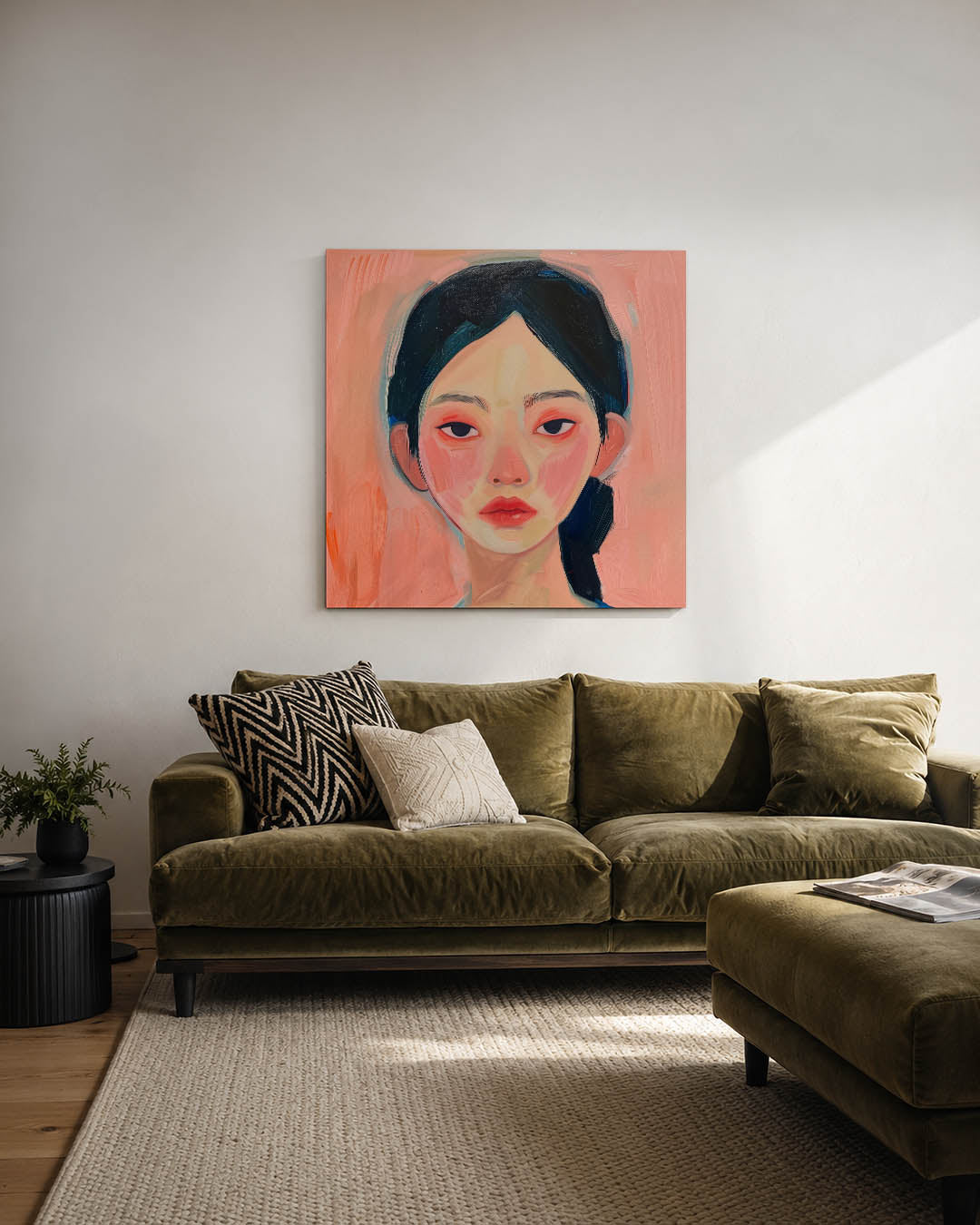 Portretstudie kunstwerk – derde productweergave – dit werk toont een portret met zachte penseelstreken. De kleuren roze en