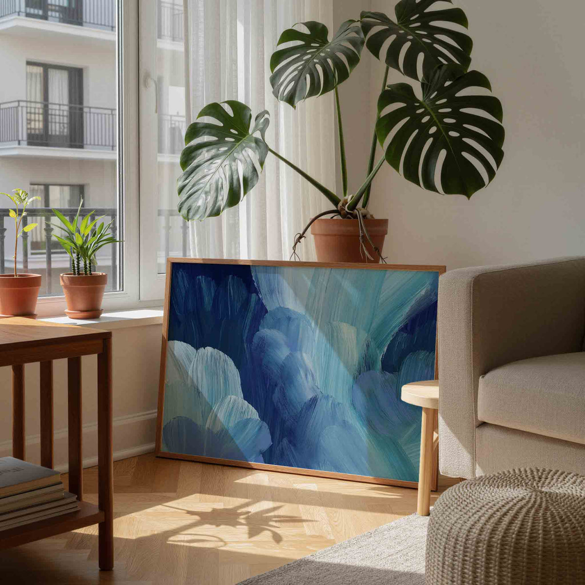 Blauwe penseelstreken – schilderkunst als moderne landscape poster