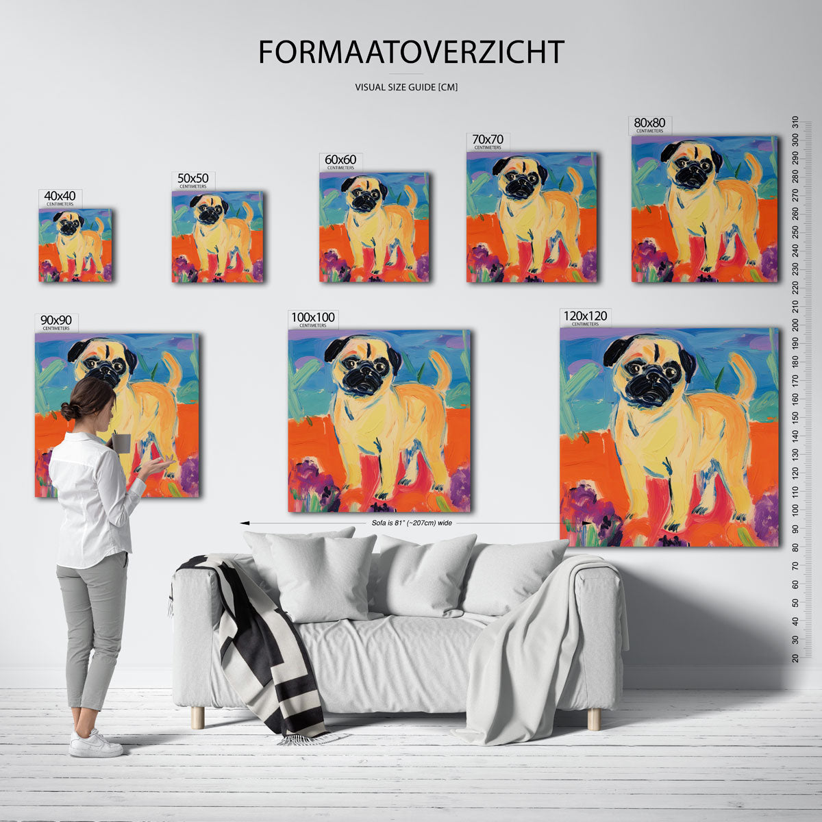 Mopshond op kleurrijke achtergrond – vierkante muurposter voor de kinderkamer