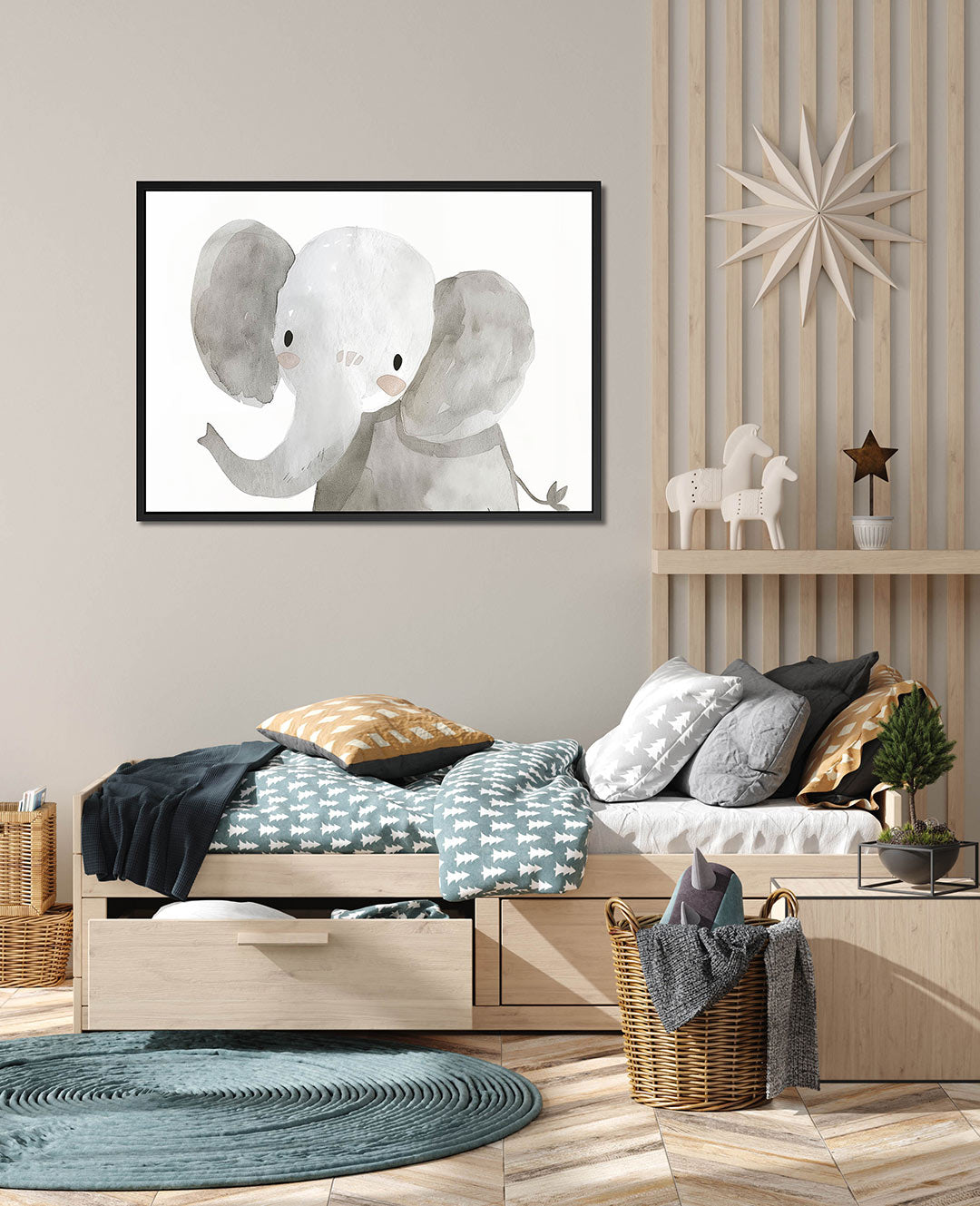 Dromerige olifant – wanddecoratie in interieur