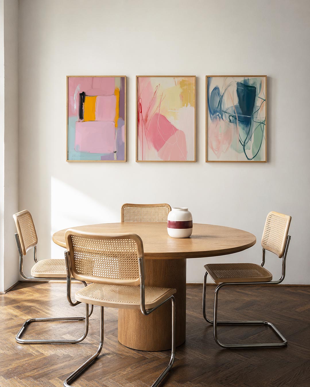 Vorm en kleur posterset – derde productweergave – deze posterset in drie delen toont zachte roze vlakken met