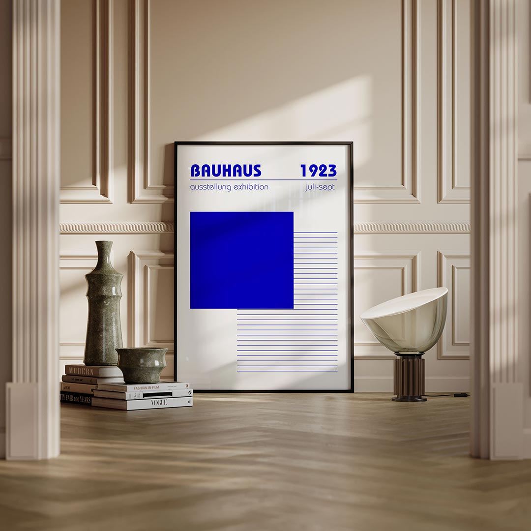 Blauw vlakritme – moderne Bauhaus wandkunst als poster
