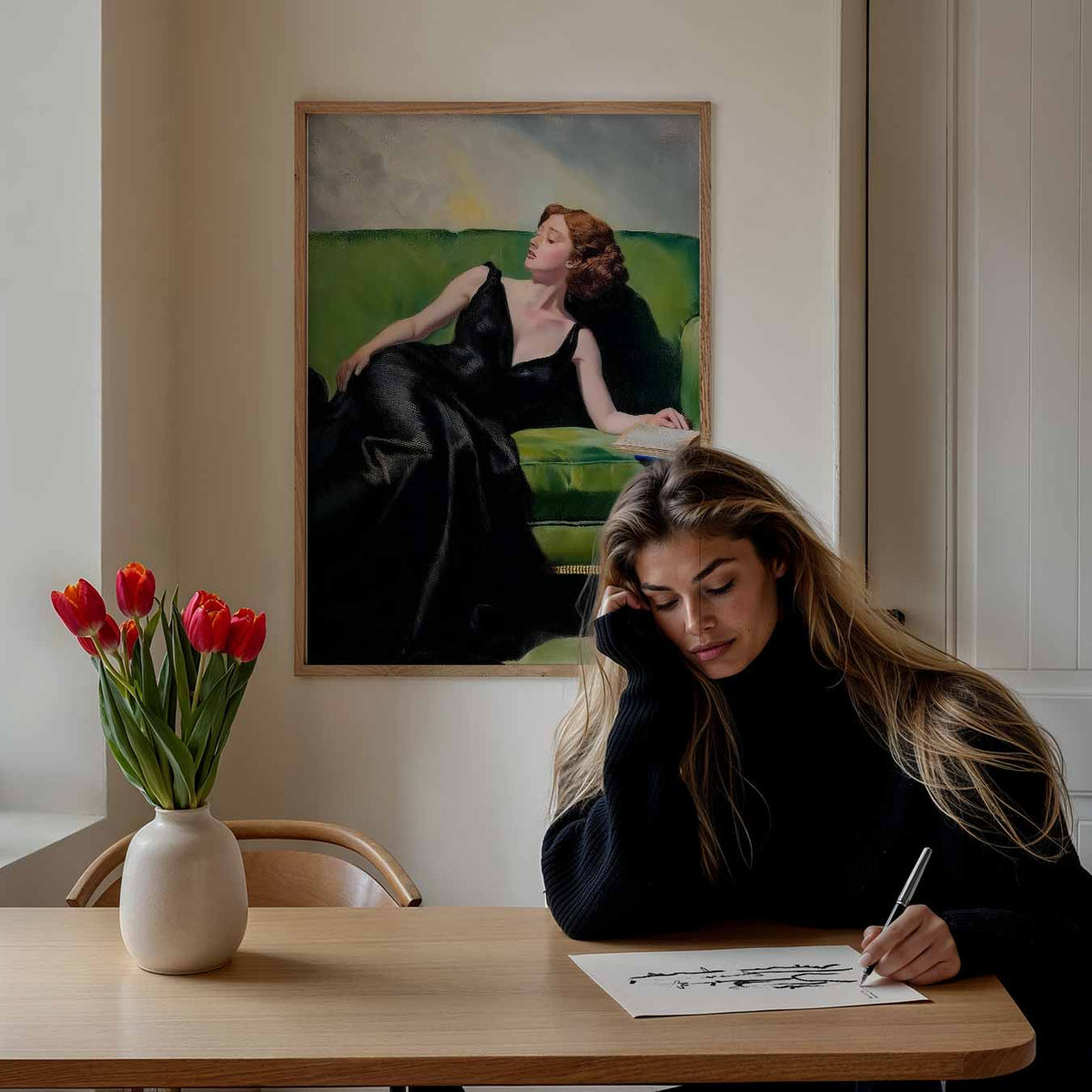 Vrouw op Groene Sofa – paasposter in staand formaat