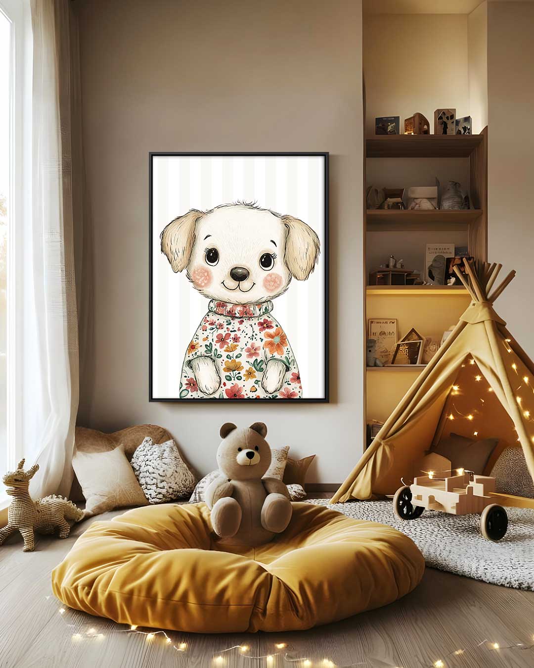 Schattige Puppy in Bloemensweater – staand kunstwerk voor modern interieur