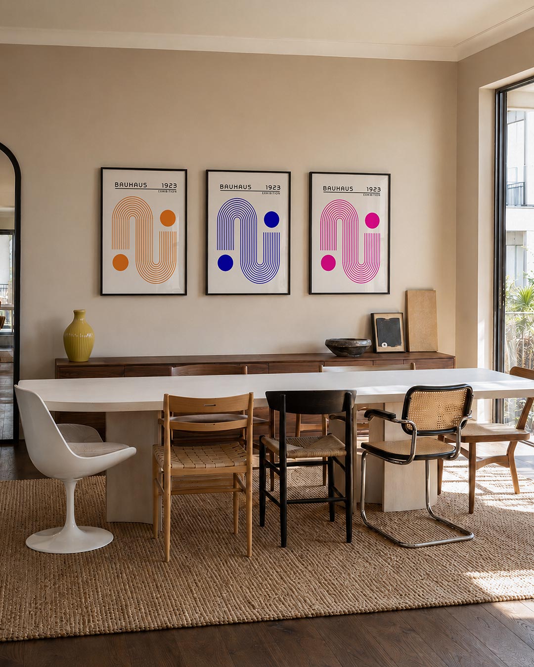 Lijnen en cirkel posterset – tweede productweergave – deze posterset in drie delen toont een vloeiend lijnenspel met oranje