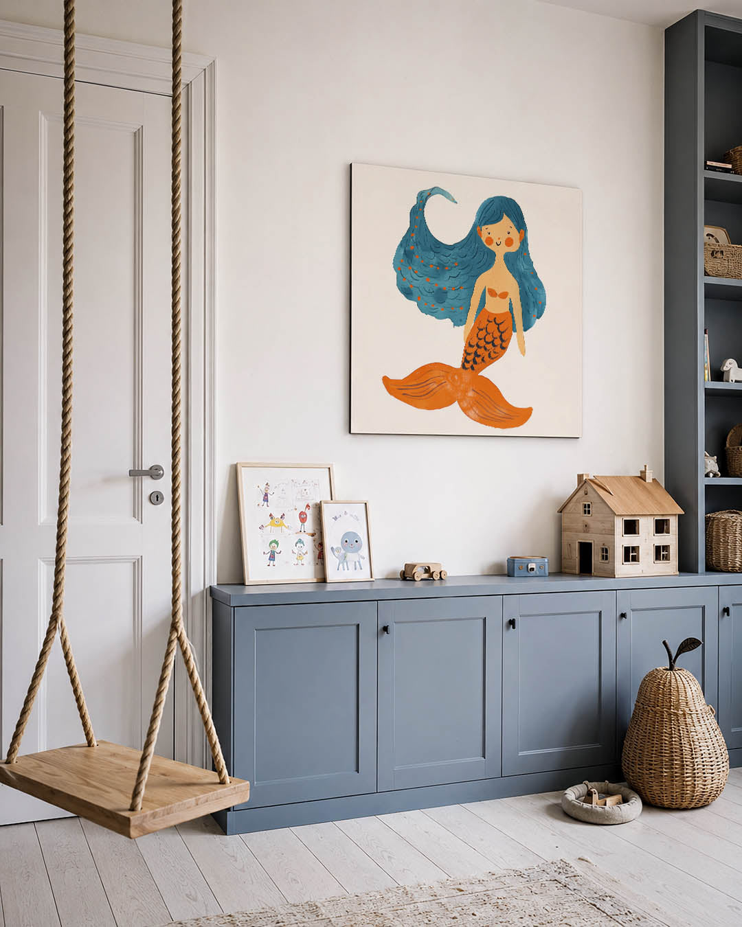 Vrolijke zeemeermin illustratie kunstwerk – vierkante wanddecoratie – dit werk toont een speelse zeemeermin met blauwe haren