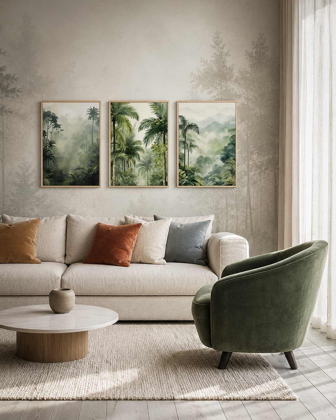 Groene jungle mist driedelige posterset – deze posterset in drie delen toont een weelderig