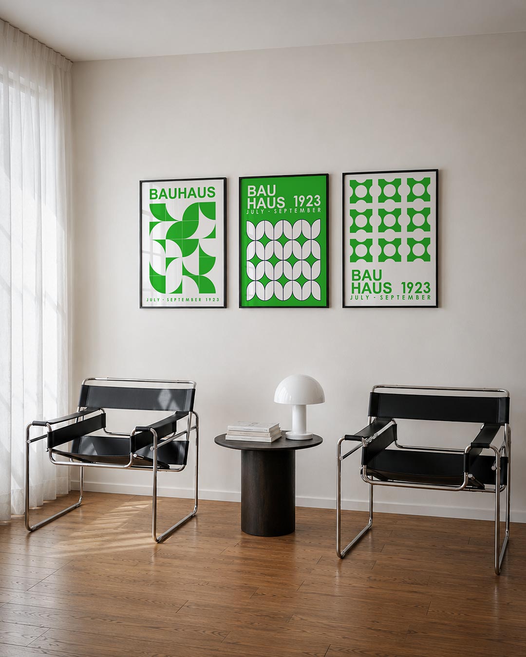 Vorm en kleur posterset – tweede productweergave – deze posterset in drie delen toont een levendig spel van groene en witte