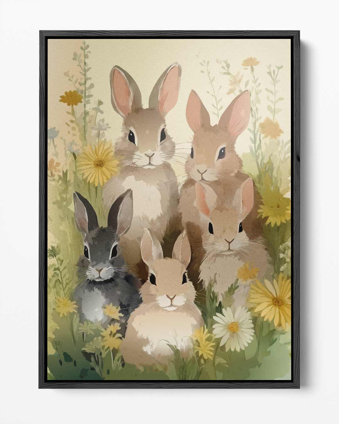 Vrolijke Konijntjes in Bloemenweide – portret kunstwerk als wanddecoratie
