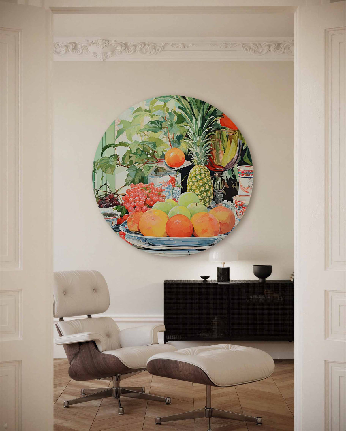 Fruit en servies – muurcirkel met kleur en vormen voor aan de muur