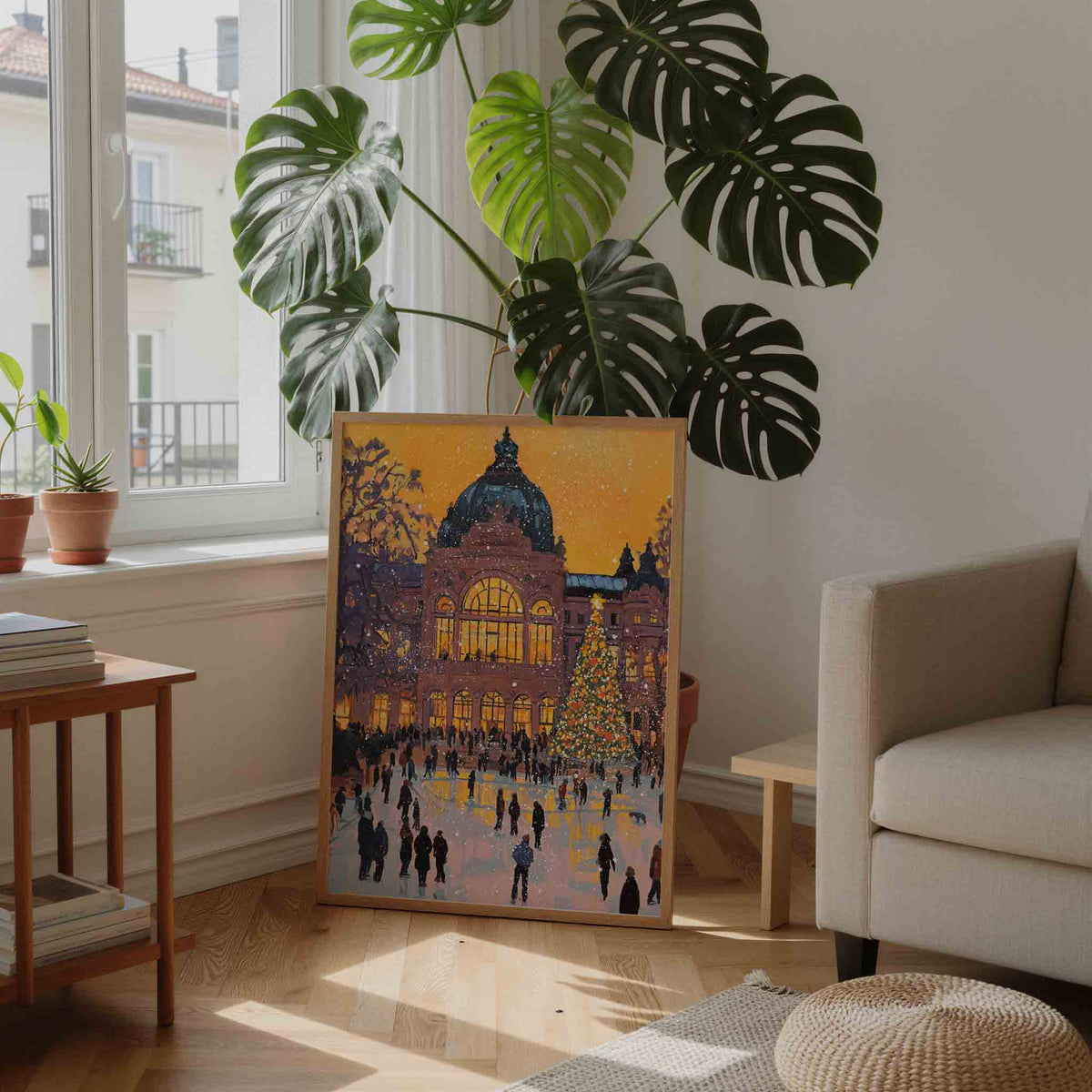Winteravond bij verlichte hal – feestelijke wandkunst als portret poster