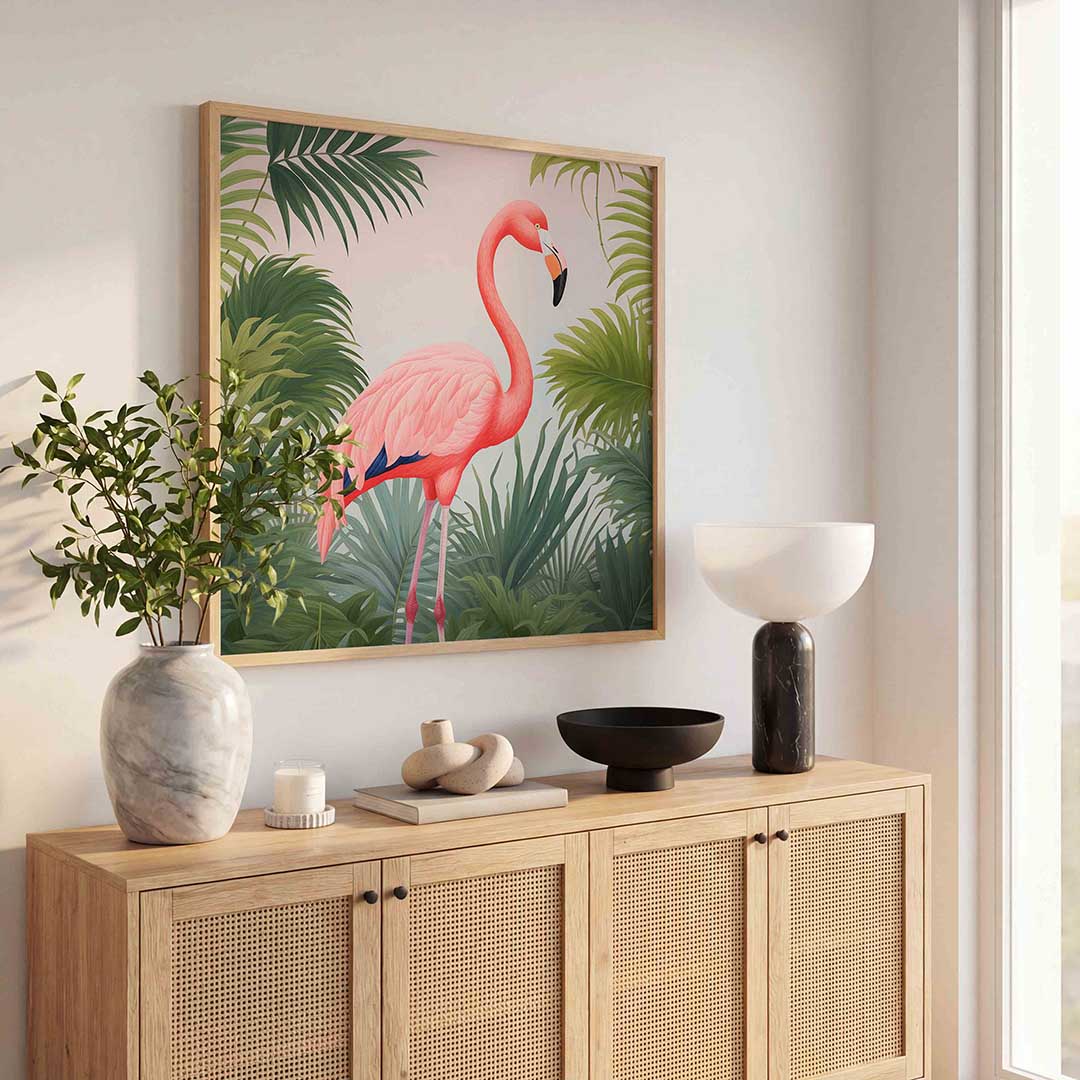 Flamingo in tropisch groen – tropische poster in vierkant formaat