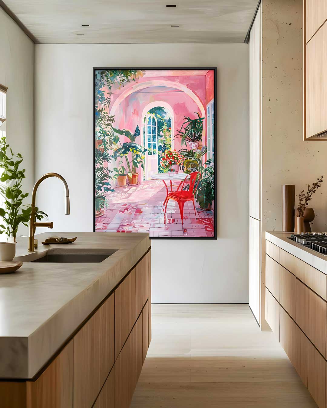 Roze Dromerige Tuinserre Schilderij – modern portret kunstwerk van WallArtistic
