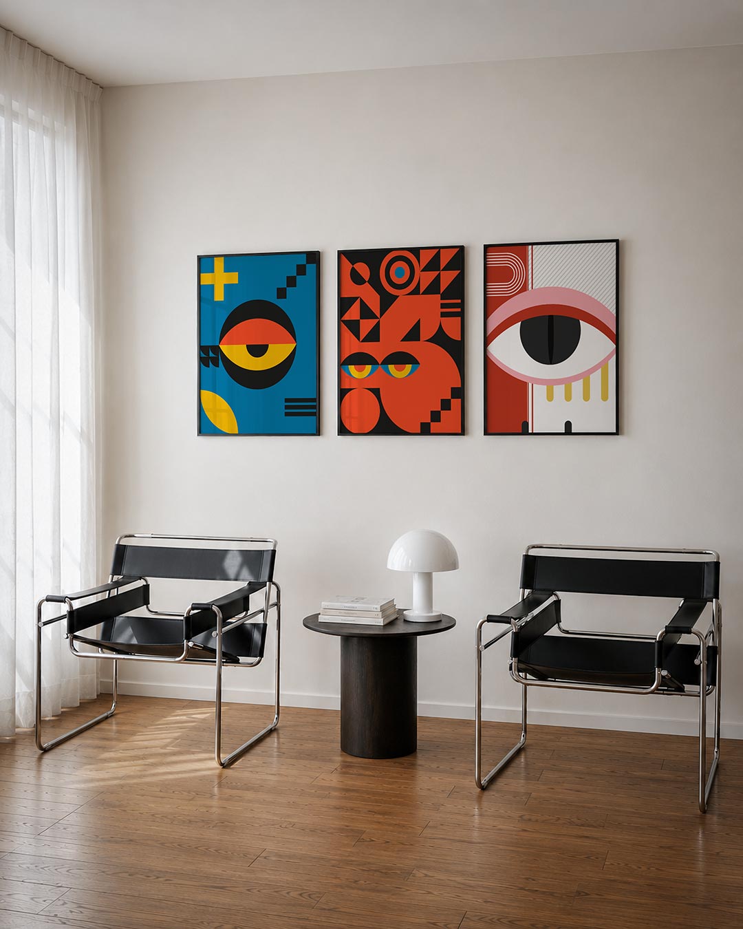 Vorm en kleurenspel driedelige posterset – deze posterset in drie delen toont een levendig lijnenspel met cirkels